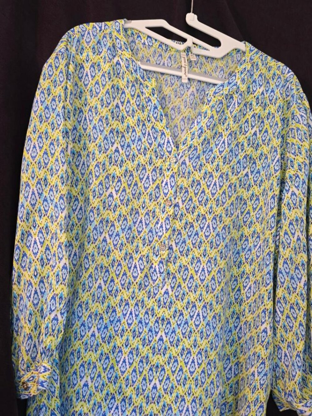 XL Grand & Greene Blouse Tunic Multicolored Jewel tone diamond pattern - V-neck